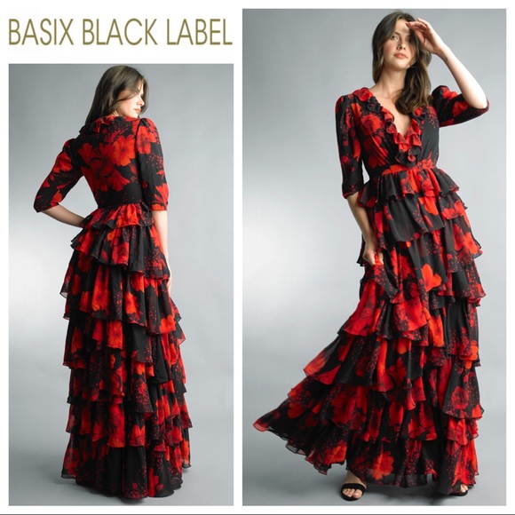 BASIX Floral Print Ruffle-Tiered A-Line Chiffon Gown